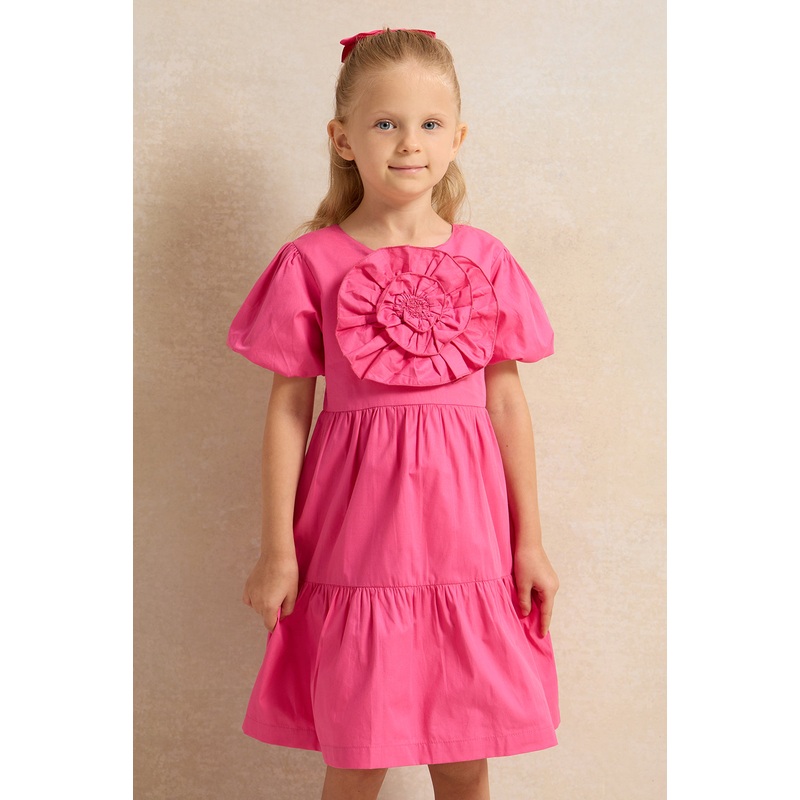 Girls Pink 3D Flower Dress With Balloon Sleeve