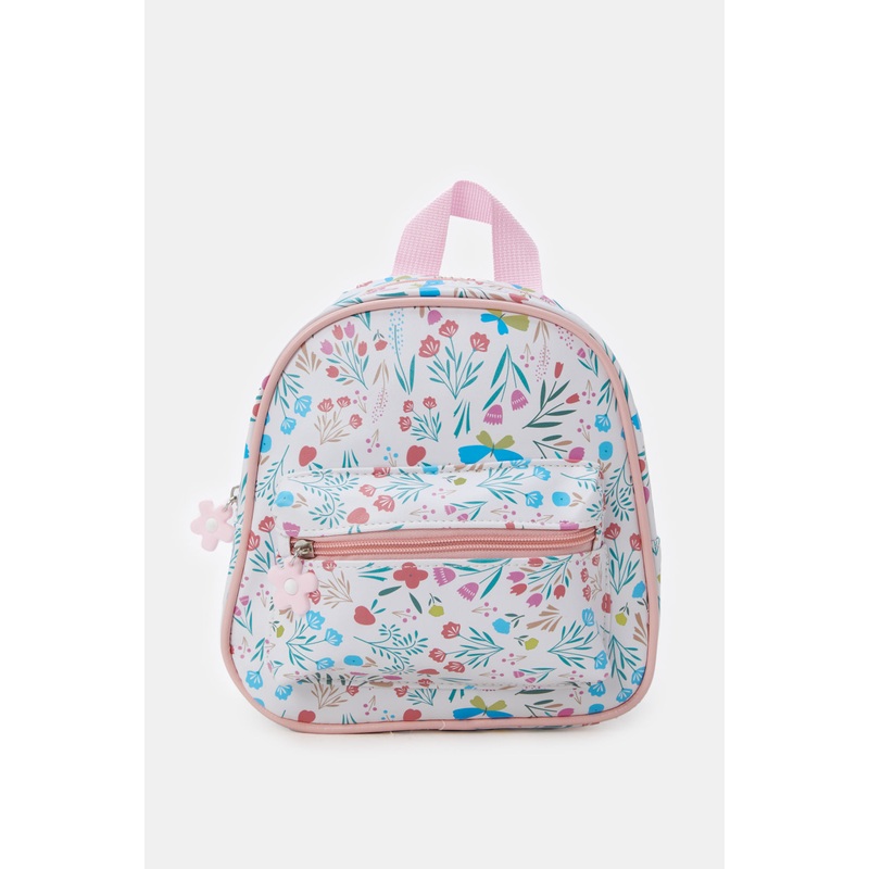 Girls White And Pink Printed Backpack