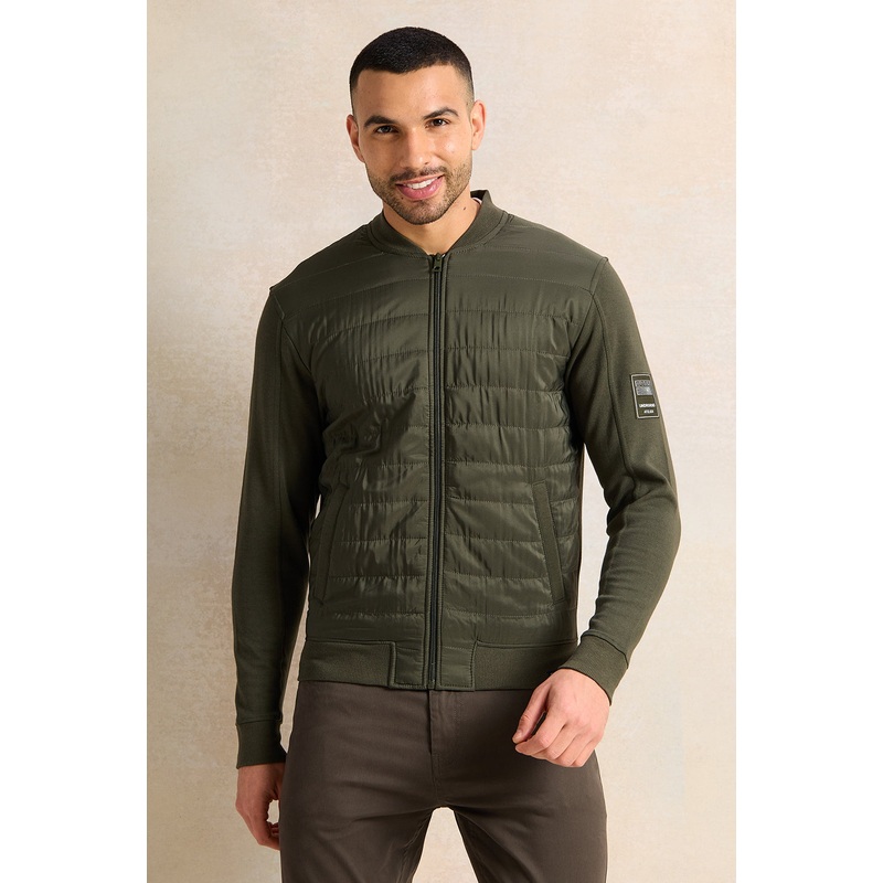 Men Olive Bomber Jacket With Knit Sleeves