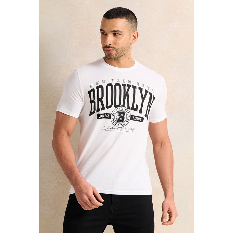 Men White Brooklyn Print Graphic T-Shirt