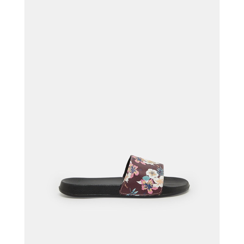Women Black Floral Print Slide