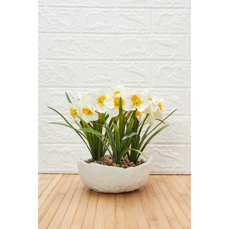 Yellow Artificial Flower In Cement Pot