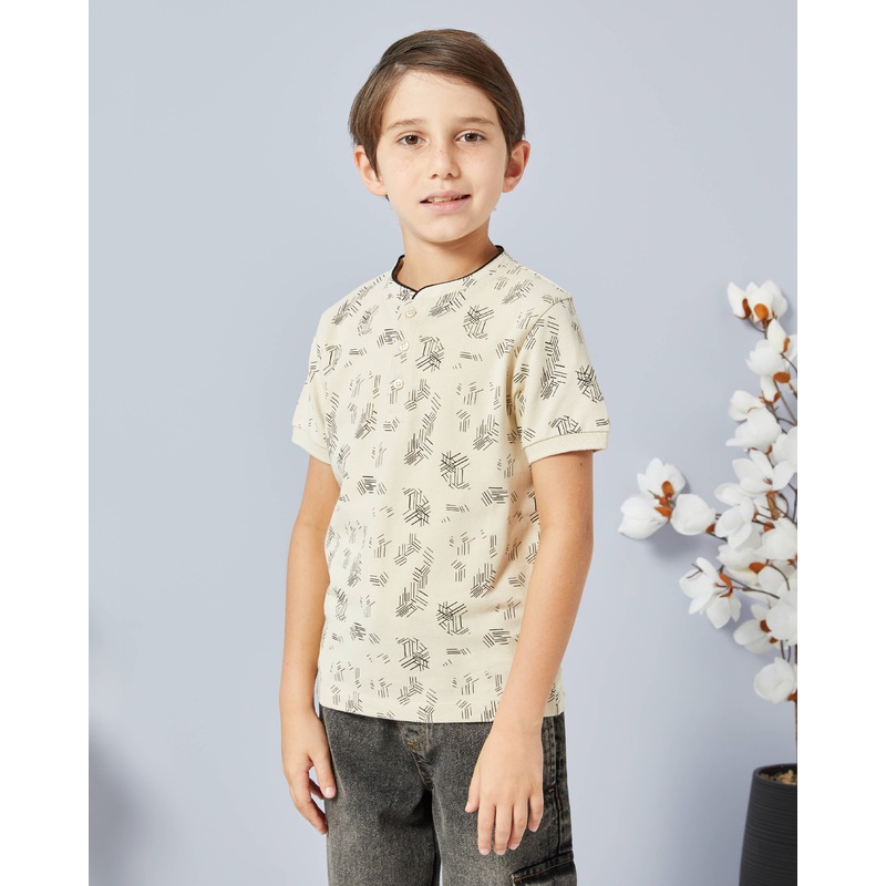 Boys Beige Printed Mandarin Collar Polo