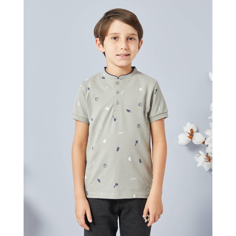 Boys Grey Skate Printed Mandarin Collar Shirt