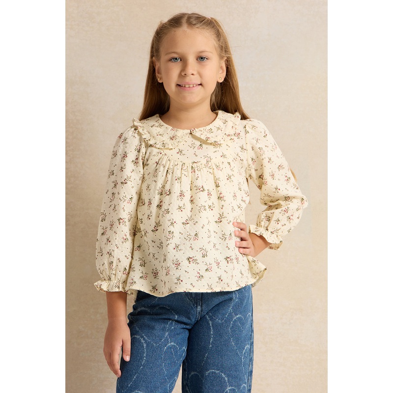 Girls Beige Printed  Blouse|2-3 Years|3-4 Years|4-5 Years|5-6 Years|6-7 Years|7-8 Years