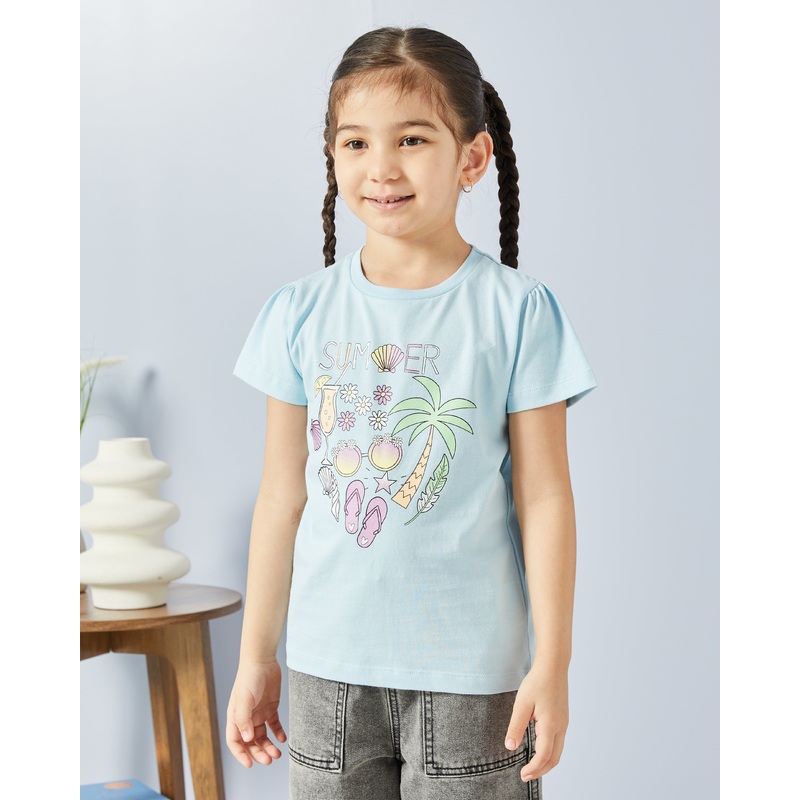 Girls Blue Summer Placement Print T Shirt