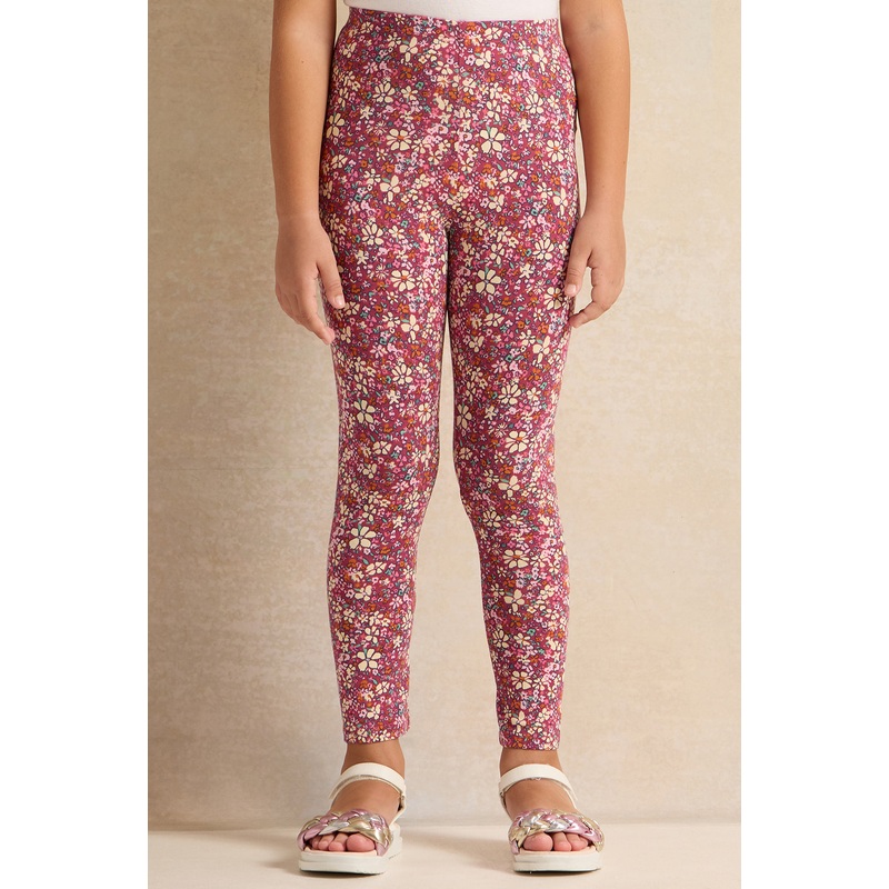 Girls Burgundy Floral Print Leggings