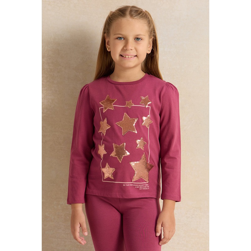 Girls Burgundy Star Print T-Shirt