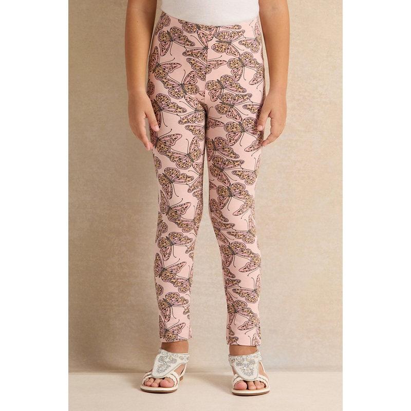 Girls Cream Butterfly Printed Leggings