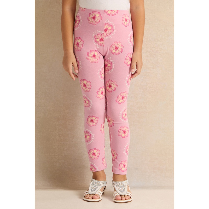 Girls Pink Flower Printed Leggings