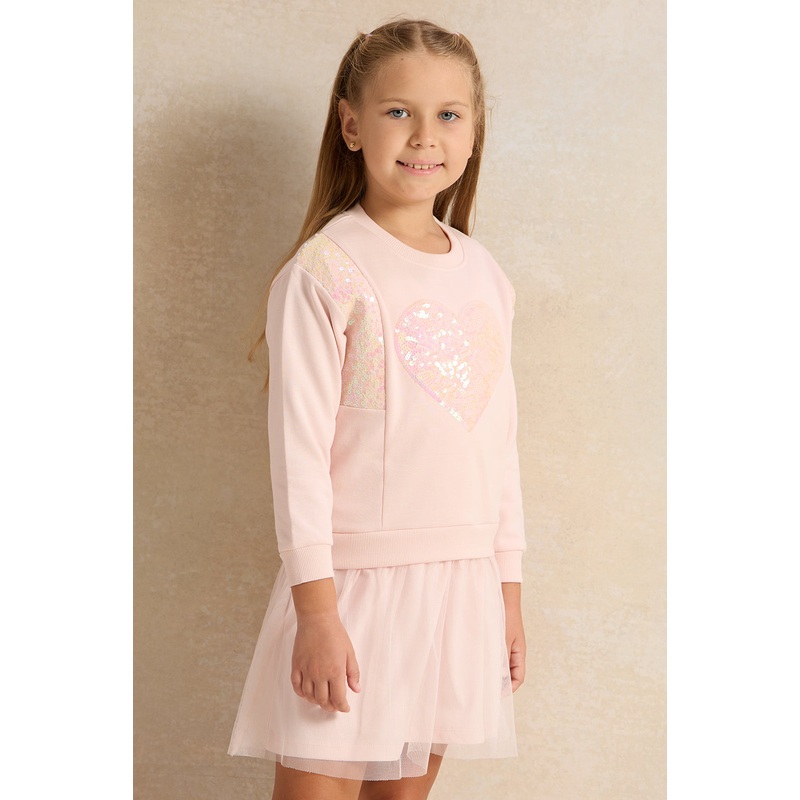 Girls Pink Heart Sequins Knit Dress With