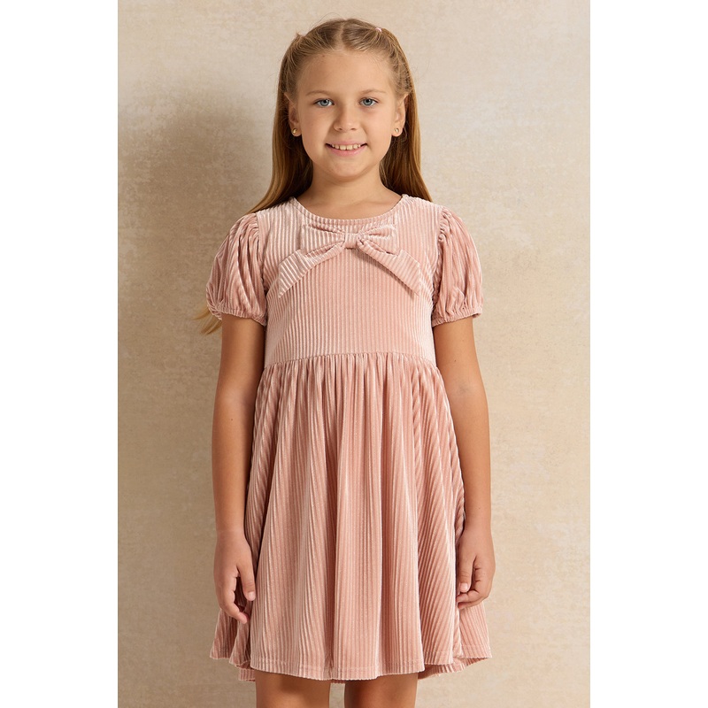 Girls Pink Velour Dress With Bow