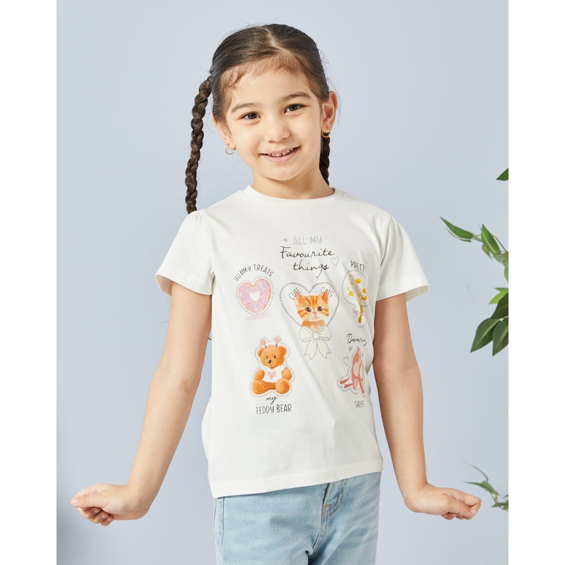 Girls White Cat Placement Print T Shirt