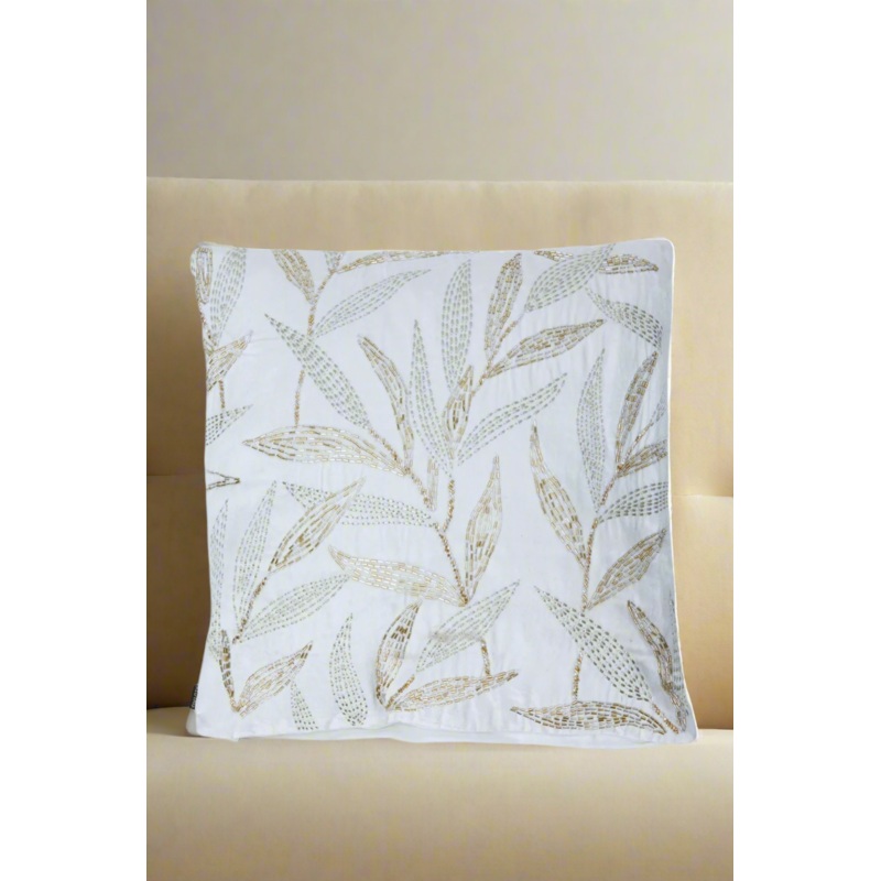 Ivory With Gold Leaves Embroidery Cushion