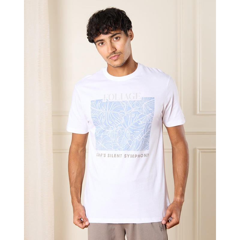 Men White Foliage Print T-Shirt
