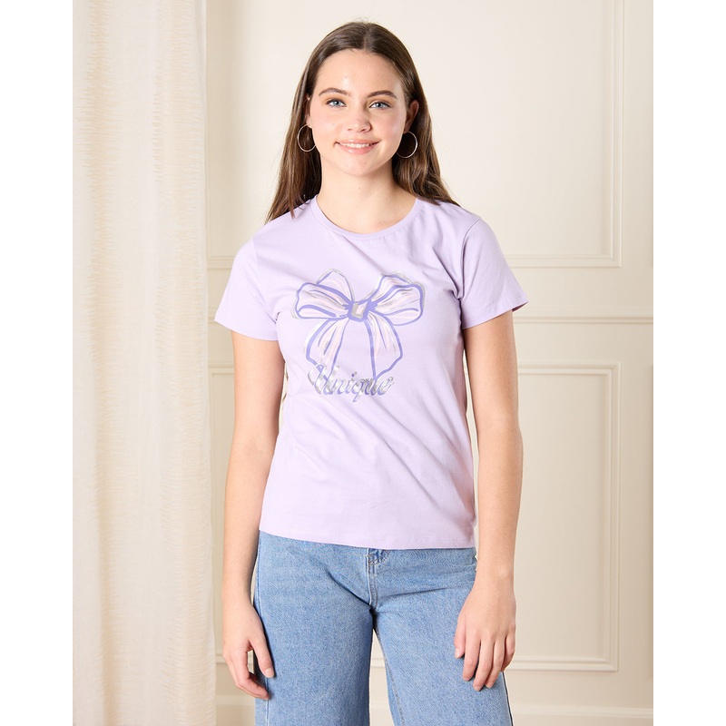 Senior Girls Purple Bow Print T-Shirt