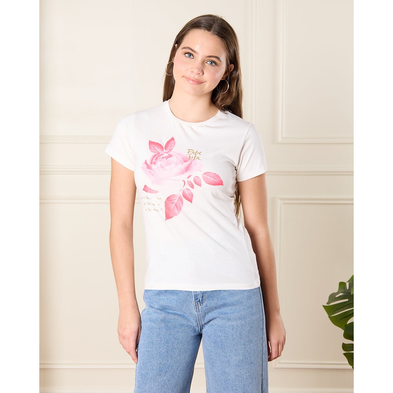 Senior Girls White Rose Print T-Shirt