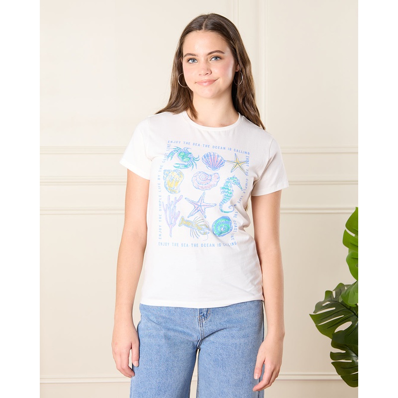 Senior Girls White Sea Shell Print T-Shirt