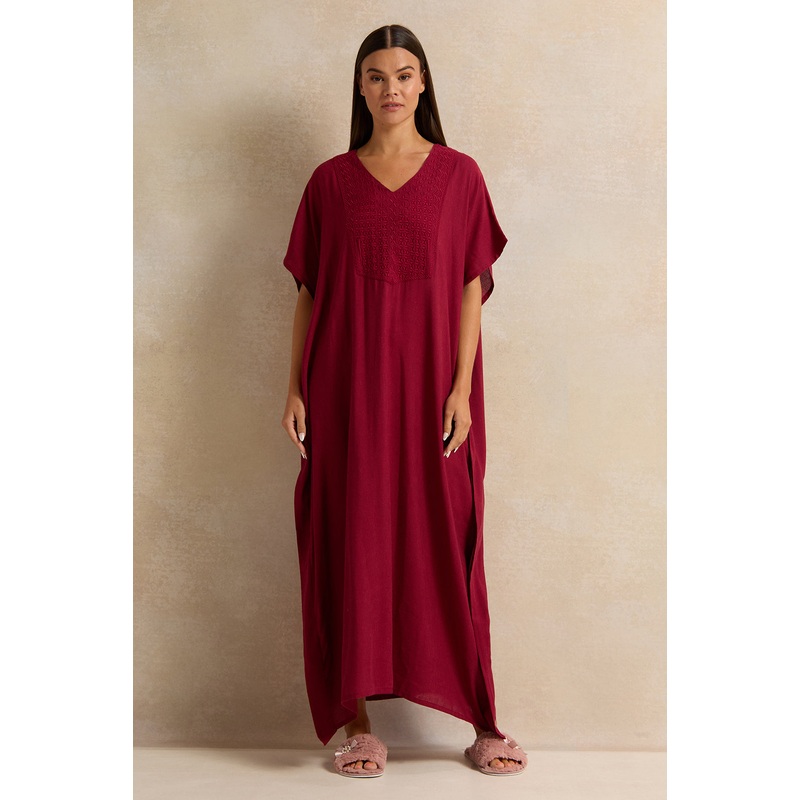 Women Burgundy Embroidery Kaftan Nightgown