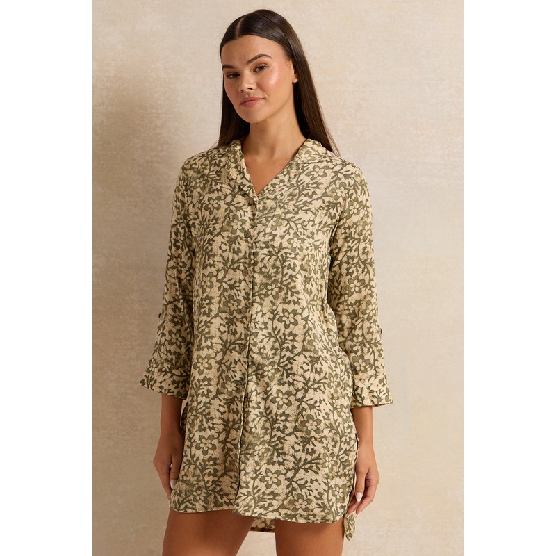 Women Green Crushed Floral Tunic Nightshirt
