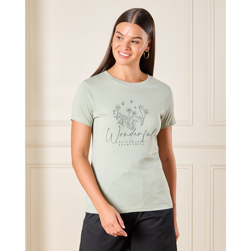 Women Green Wonderful Print T-Shirt