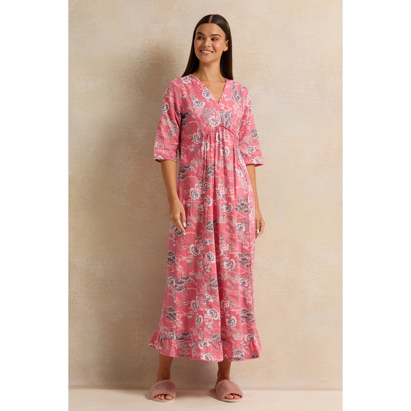 Women Pink Front Border Print Nightgown