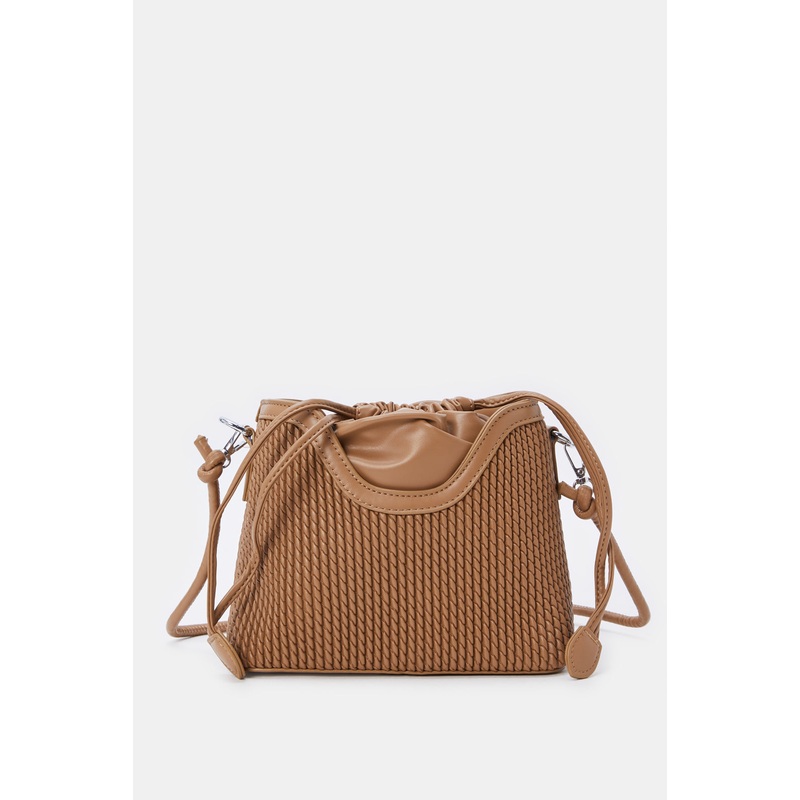 Women Tan Textured Bucket Bag With Draw String