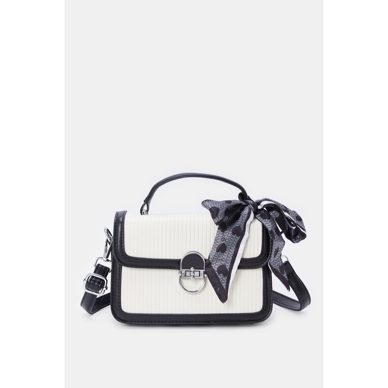 Women White And Black Embellished Handbag With Scarf