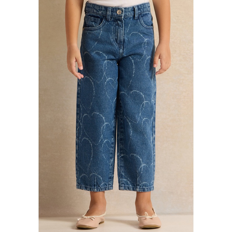 Girls Blue Heart Printed Mom Fit Jeans