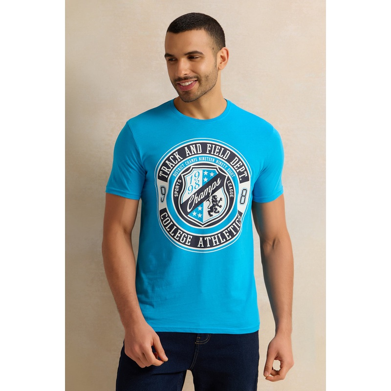 Men Blue Placement Print T-Shirt