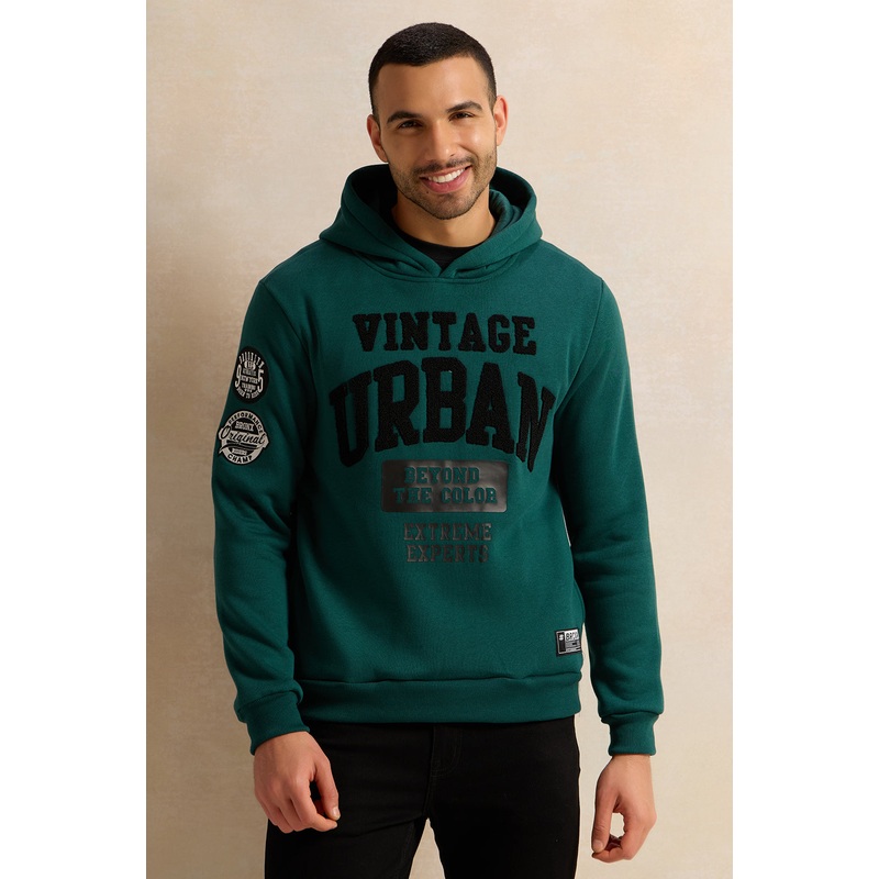 Men Olive Printed Hooded Sweatshirt