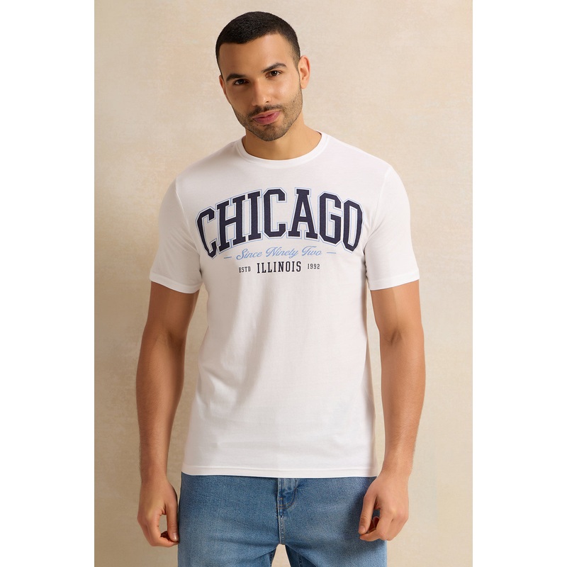 Men White Chicago Print T-Shirt