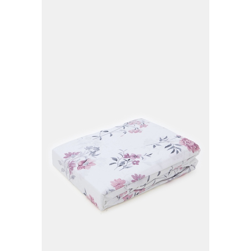 White And Pink Floral Printed Fitted Sheet (Double Size)