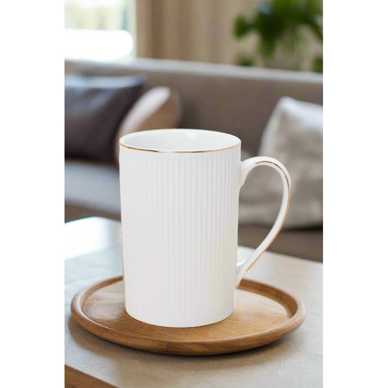White Embossed Line Mug With Gold Rim