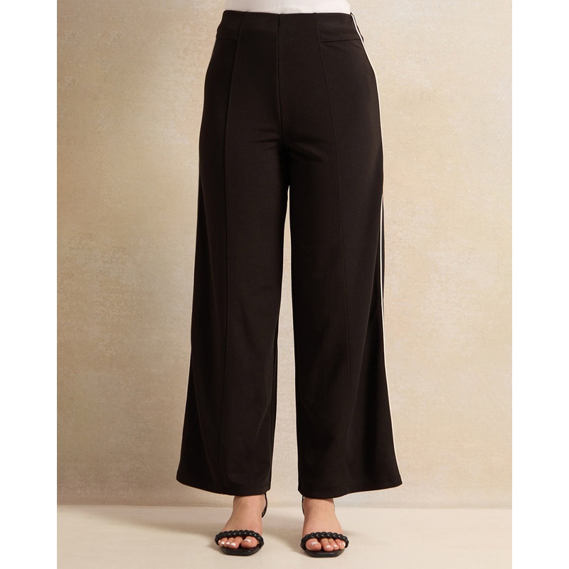 Women Black Contrast Piping Trousers
