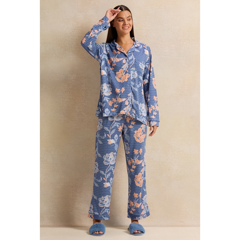 Women Blue And Orange Floral Long Sleeve Pyjama Set ( 2 Piece)