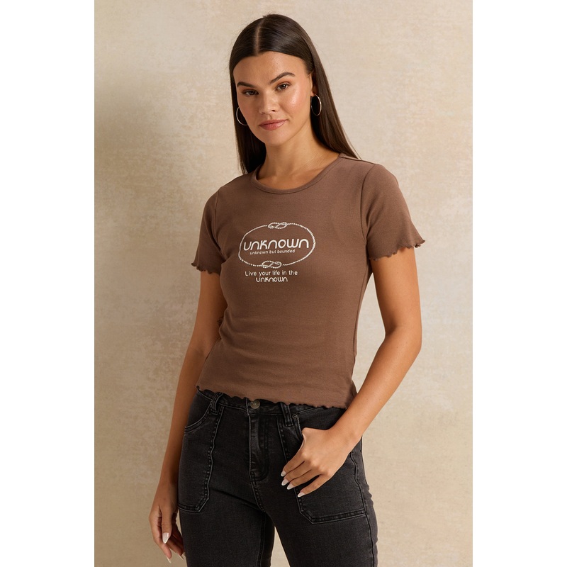 Women Brown  Embellished Rib T-Shirt