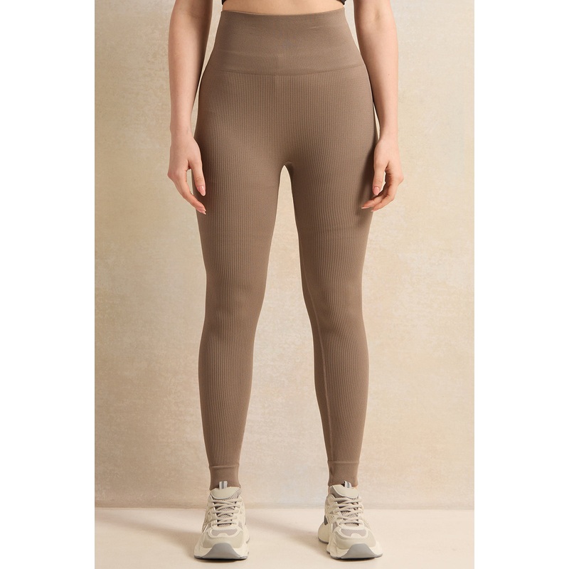 Women Brown Ribbed Seamless Leggings