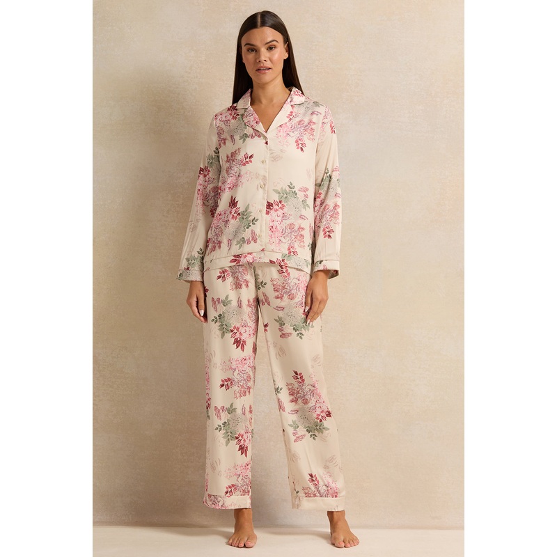 Women Cream Floral Satin Pyjama Set (2 Piece)