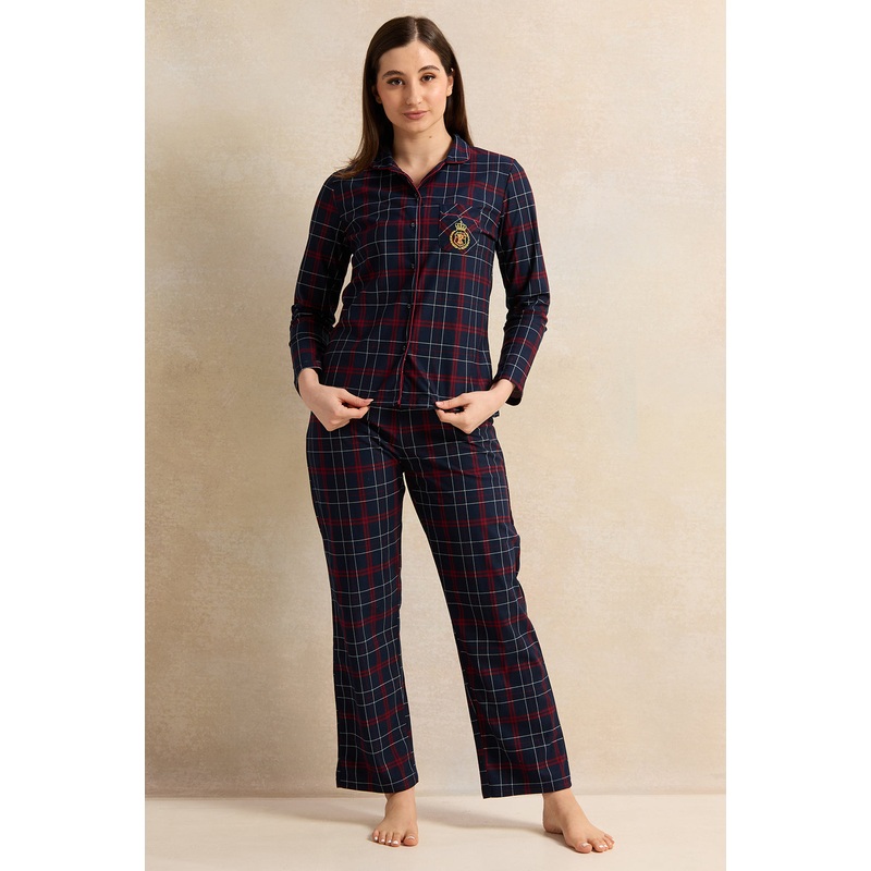Women Navy Checkered Pyjama Set (2 Piece)