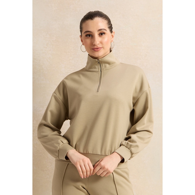 Women Olive High Neck Sweatshirt