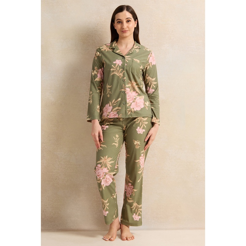 Women Olive Printed Flannel Pajama Set (2 Piece)