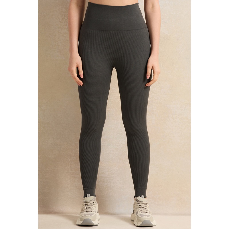 Women Olive Ribbed Seamless Leggings