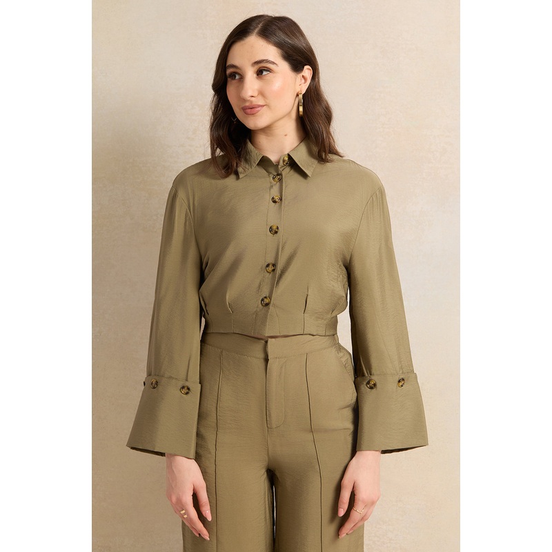Women Olive Waist Pleated Detailed Shirt