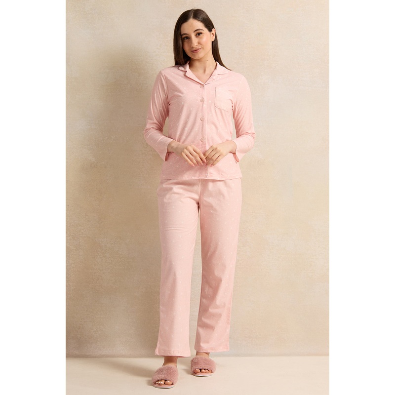 Women Pink Printed Flannel Pajama Set (2 Piece)