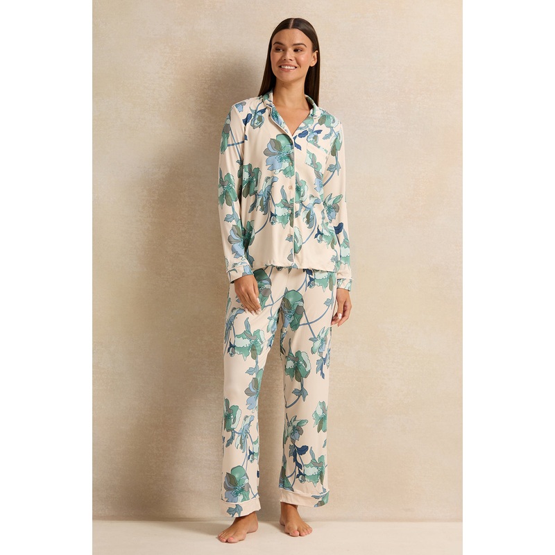 Women White And Blue Floral Long Sleeve Pyjama Set (2Piece)