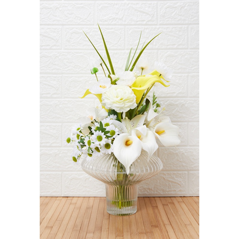 Yellow Artificial Mix Flower In Embossed Glass Vase