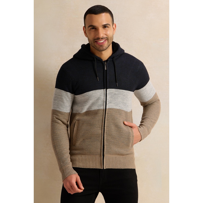 Men Beige And Navy Knitted Hooded Pullover