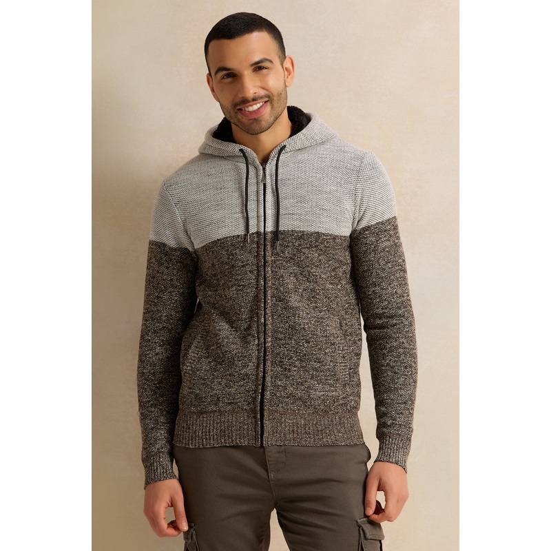 Men Grey Knitted Hooded Pullover
