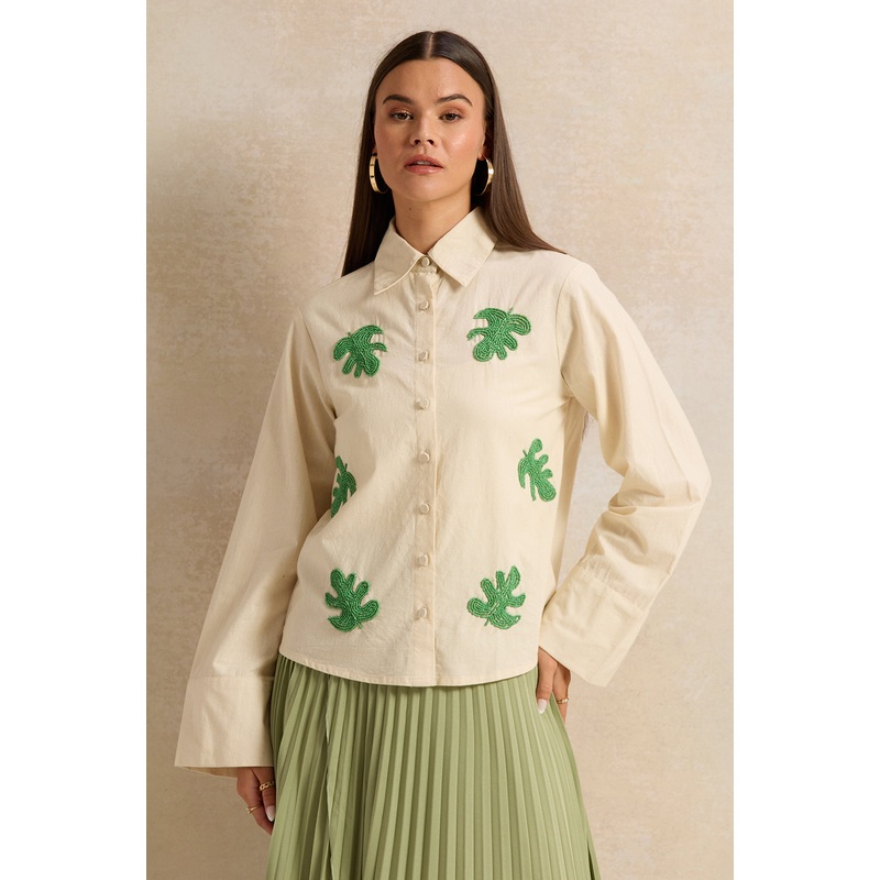 Women Beige Palm Leaf Beaded Shirt